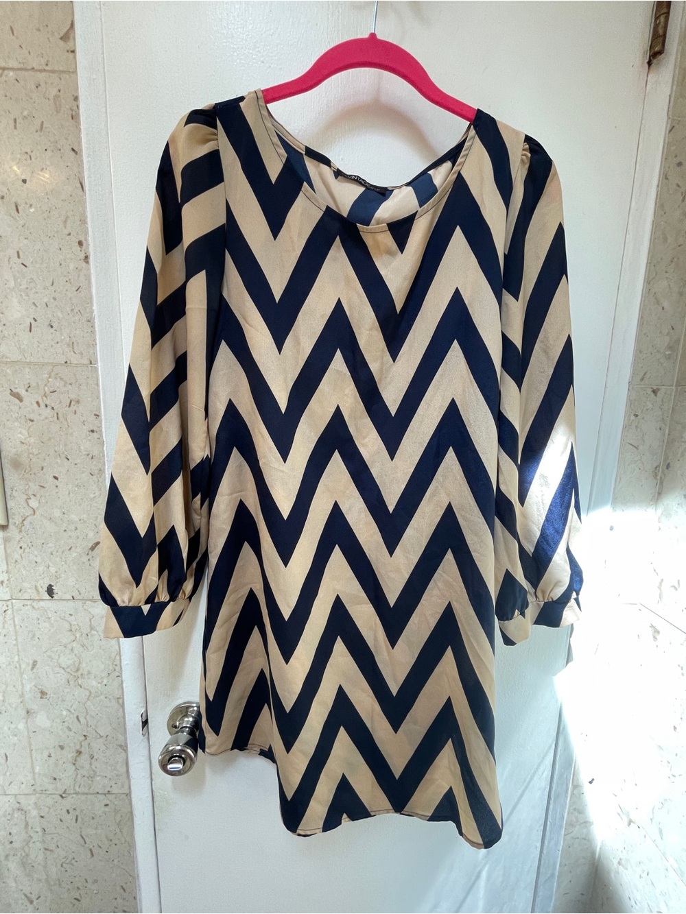 The Vintage Shop Navy Blue and Beige Chevron Dress